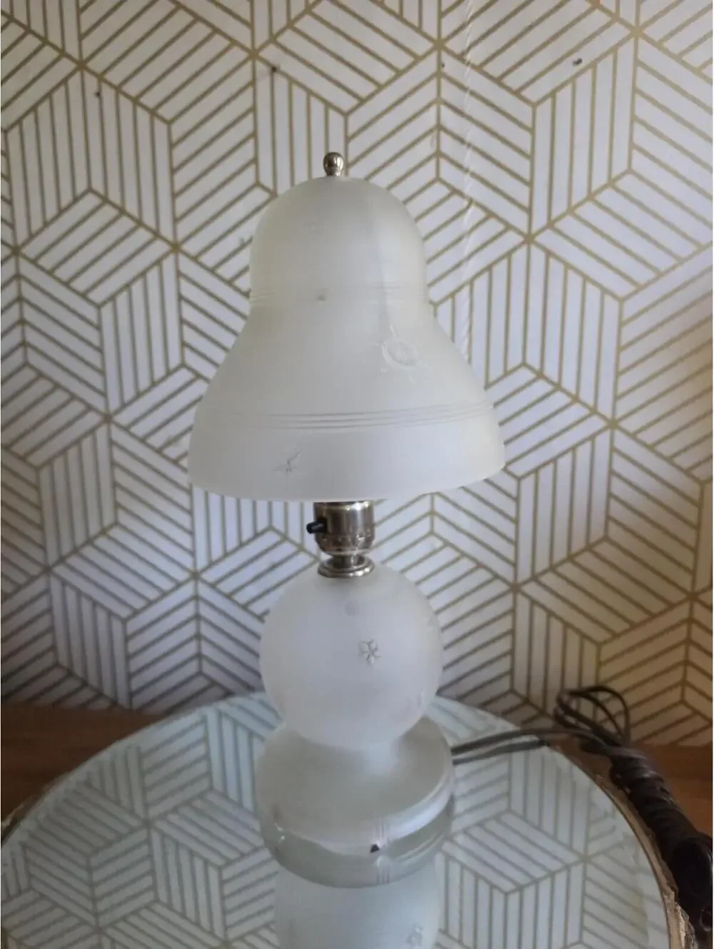 Antique Art Deco Frosted Glass Petite Anchor Nautical Lamp w Glass Bell Shade